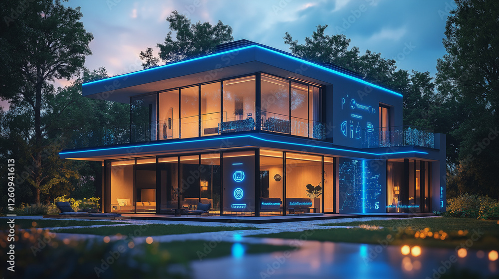 Fototapeta premium Modern Two Story House with Large Windows and Blue Accent Lighting at Night