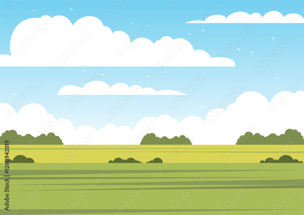 Naklejka premium Vector illustration of beautiful summer fields landscape. Springtime panorama flat cartoon style banner