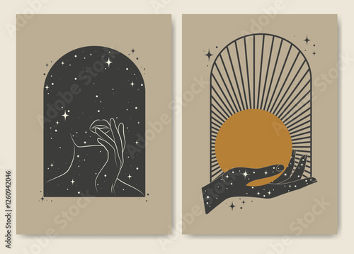 Mystic minimalist abstract aesthetic illustrations. Collection of creative artistic posters. Mystic hand