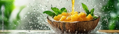 Refreshing still life, fresh oranges submerged in water in a rustic wooden bowl fresh