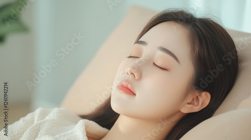 A serene woman resting peacefully, showcasing tranquility and relaxation in a calm environment, highlighting the importance of self-care and mindfulness. photo