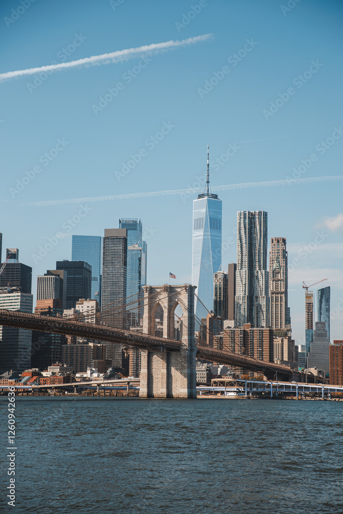 Fototapeta premium Blick auf die Brooklyn Bridge mit Manhattan Skyline m Hintergrund, New York, United States of America 