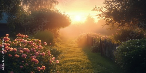 Morning mist blankets the valley with a tranquil bench overlooking the landscape