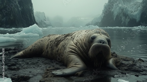 Walrus resting on rocky shore amidst icy landscape in a remote coastal area