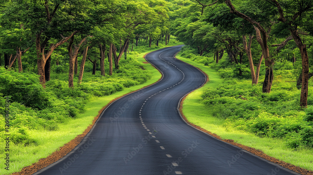 Obraz premium Serene winding road through a lush green forest, symbolizing adventure, exploration, and the journey ahead, perfect for travel and nature-inspired concepts