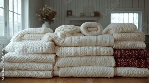 Warm collection of cozy blankets stacked in a bright room with natural light ...