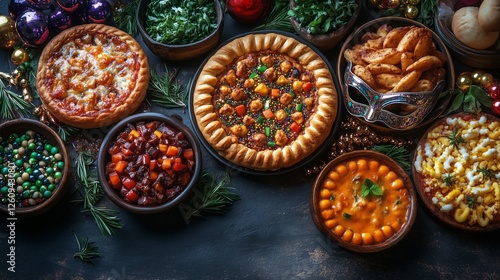 Colorful variety of festive foods on display at a cheerful holiday gathering