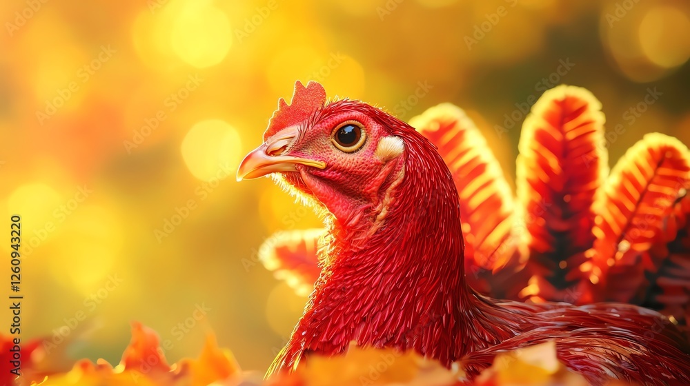 Fototapeta premium A vibrant turkey stands majestically amidst colorful autumn leaves. Its striking red feathers shine against the golden backdrop of fall.