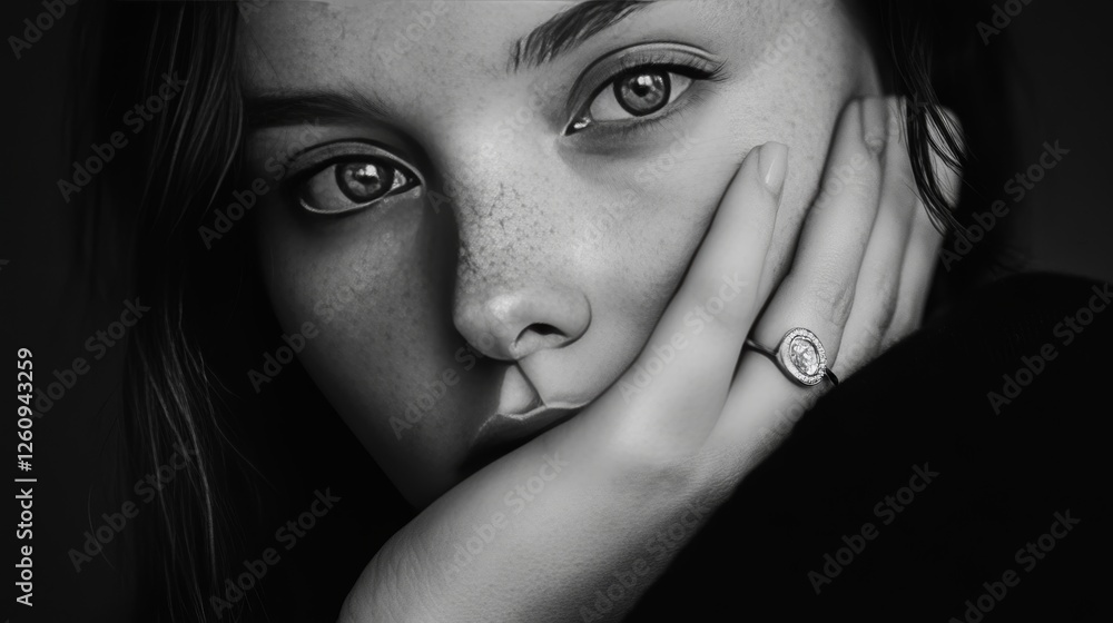 Fototapeta premium Thoughtful Woman with Intense Eyes and an Elegant Diamond Ring in Black and White