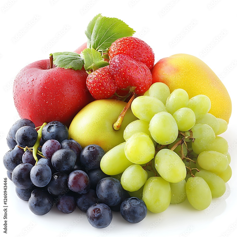 Fresh fruit assortment; apples, grapes, strawberries, peach; white background; healthy eating Fresh fruit assortment; apples, grapes, strawberries, peach; white background; healthy eating