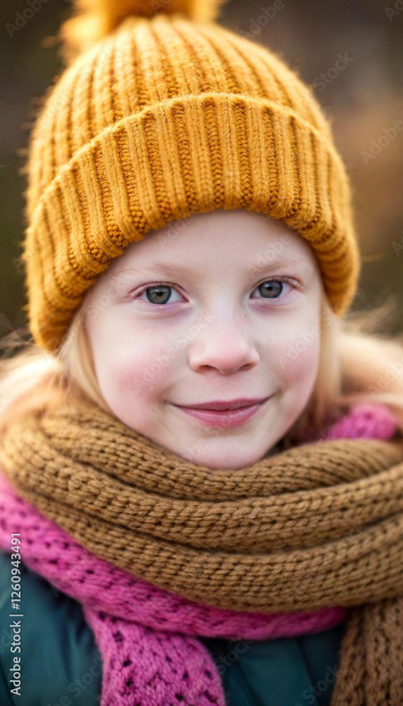 Extreme focus on a female child with albinism, dressed in a knitted hat and scarf, frosty garden background in winter. Extreme focus on a female child with albinism, dressed in a knitted hat and scarf, frosty garden background in winter.