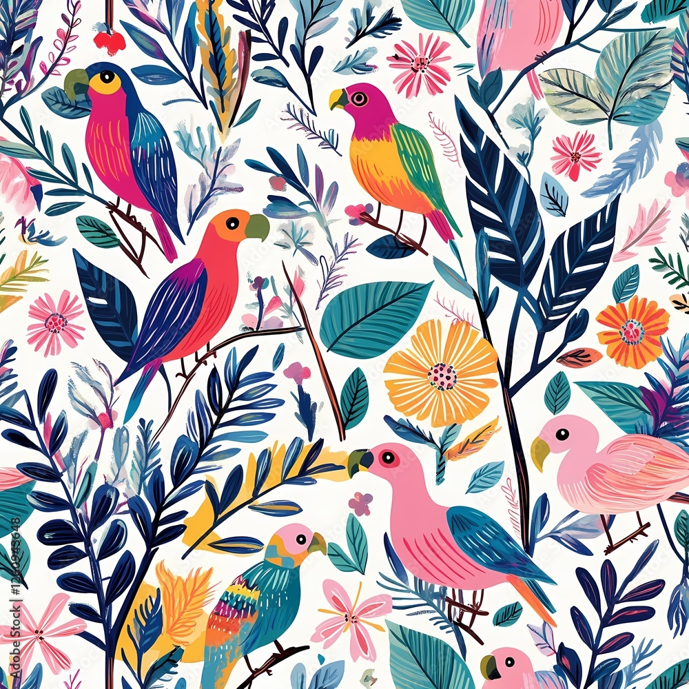Tropical bird pattern featuring brightly colored parrots and flamingos perched on palm branches, with electric blues, pinks, oranges, and greens, complemented by flowers and leaves Tropical bird pattern featuring brightly colored parrots and flamingos perched on palm branches, with electric blues, pinks, oranges, and greens, complemented by flowers and leaves