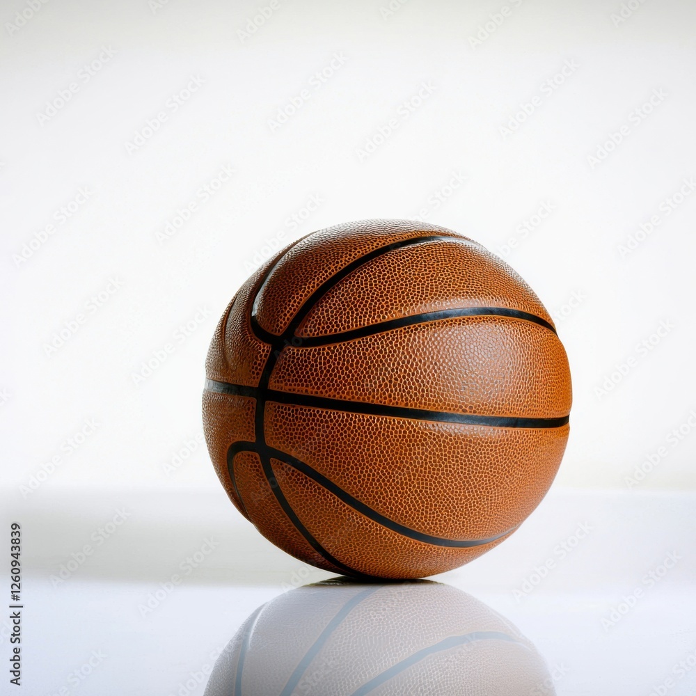 Obraz premium A close-up view of a basketball with a textured surface, resting on a reflective surface, showcasing its distinctive patterns and colors.