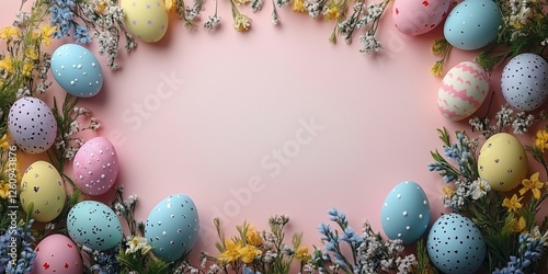 Colorful Easter eggs surrounded by flowers on a pastel pink background