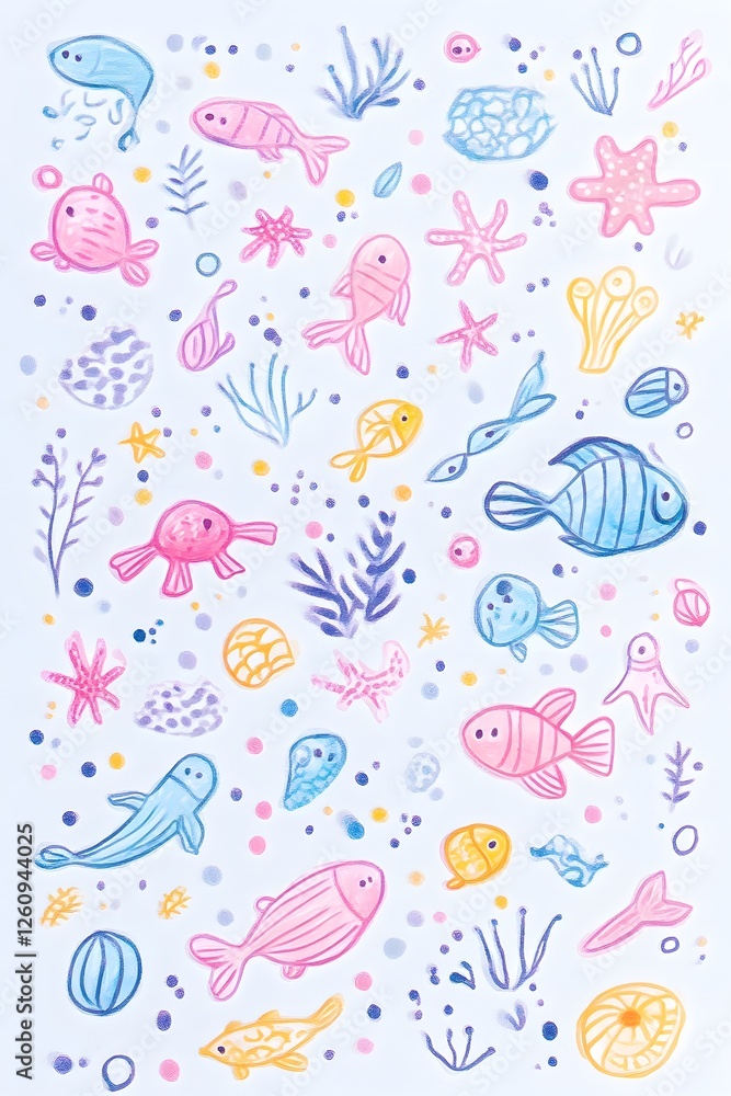 Whimsical Pastel Sticker Sheet of Charming Hand-Drawn Sea Creatures in Vibrant Colors Whimsical Pastel Sticker Sheet of Charming Hand-Drawn Sea Creatures in Vibrant Colors