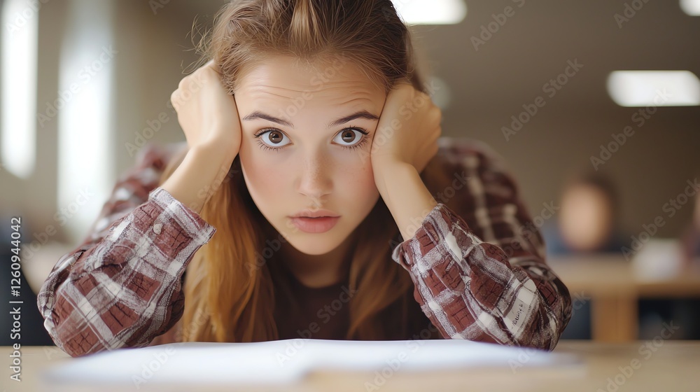 Naklejka premium A young woman looks overwhelmed and stressed while sitting in a classroom, holding her head in frustration, reflecting anxiety and pressure.