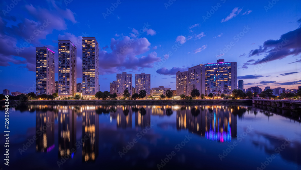 Fototapeta premium Cityscape at dusk: illuminated skyscrapers reflecting on tranquil urban lake