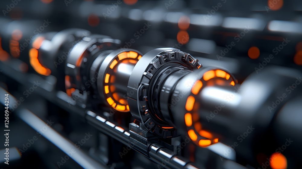 Fototapeta premium A close-up view of a futuristic mechanical component featuring glowing orange rings, showcasing advanced engineering and technology.