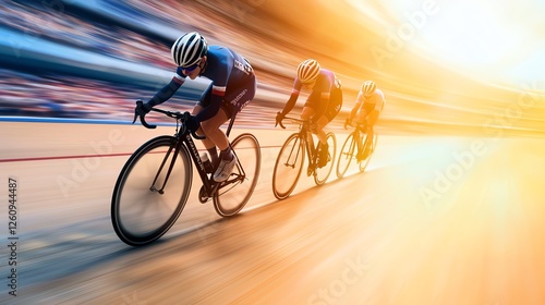 Dynamic cycling race captures athletes in motion, showcasing speed, determination, and competitive spirit against a backdrop of vibrant light.