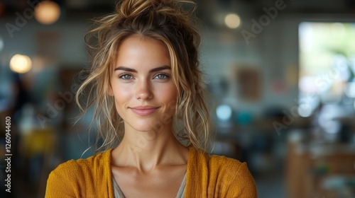 Woman with long hair wearing orange sweater smiles warmly in cozy cafe enviro...