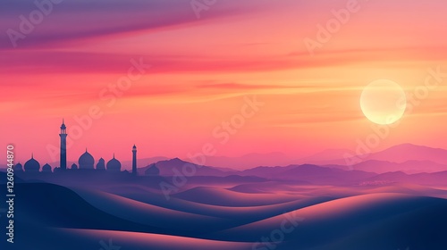 Majestic Mosque Silhouette At Sunset Over Rolling Dunes