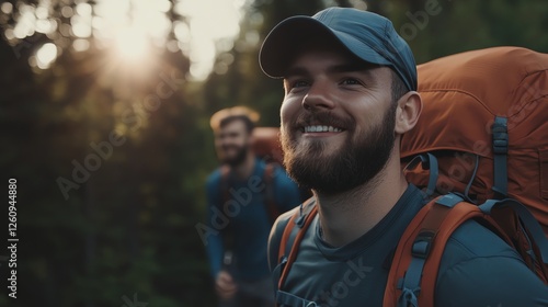 Two joyful hikers explore nature, enjoying the outdoors and adventure while carrying backpacks, surrounded by lush greenery and warm sunlight. photo