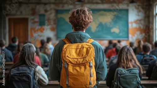 Students attending a lecture in a classic classroom with a chalkboard in the ...