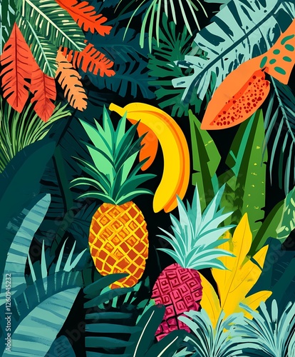 Tropical jungle in pop art style with exaggerated fruits like bananas, pineapples, and coconuts, surrounded by lush plant life in vibrant colors like mango orange, fern green, and aqua blue, featuring photo