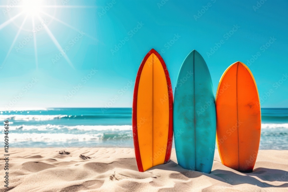 Three colorful surfboards stand on golden sand, with a bright sky and ocean waves in the background, embodying a perfect beach day. Three colorful surfboards stand on golden sand, with a bright sky and ocean waves in the background, embodying a perfect beach day.