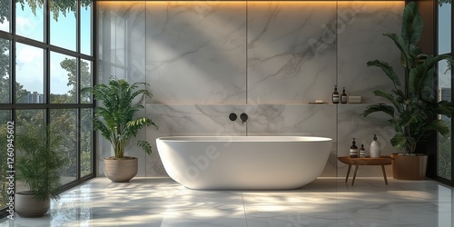 Modern bathroom design with natural light and greenery enhancing relaxation s...