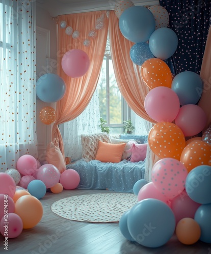 Celebration setup with blue and pink balloons in a charming indoor space with...
