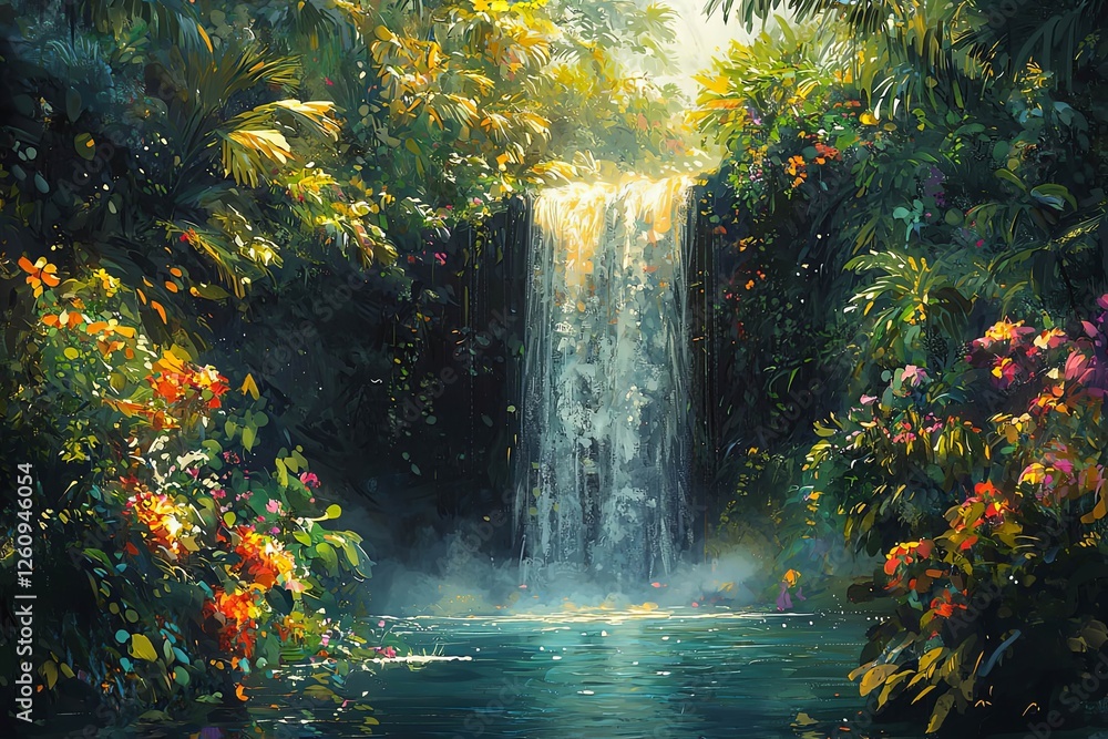 A hidden waterfall deep in the jungle, surrounded by thick greenery and tropical flowers. A hidden waterfall deep in the jungle, surrounded by thick greenery and tropical flowers.