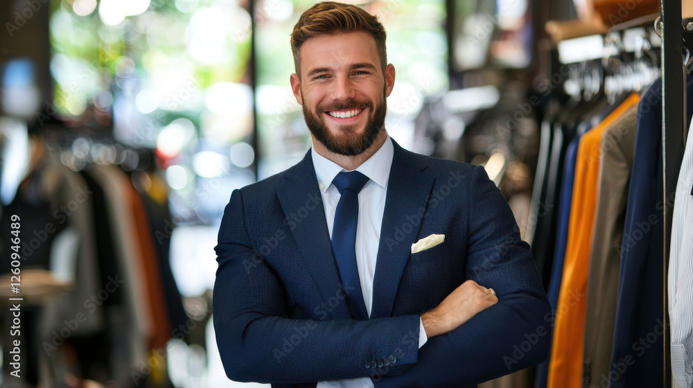 confident man in suit smiling in clothing store, showcasing style and professionalism confident man in suit smiling in clothing store, showcasing style and professionalism