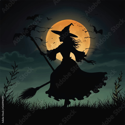halloween witch flying on a broom