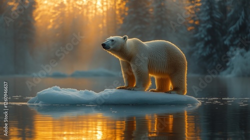 Polar bear standing on ice in a tranquil arctic landscape with soft sunlight ...