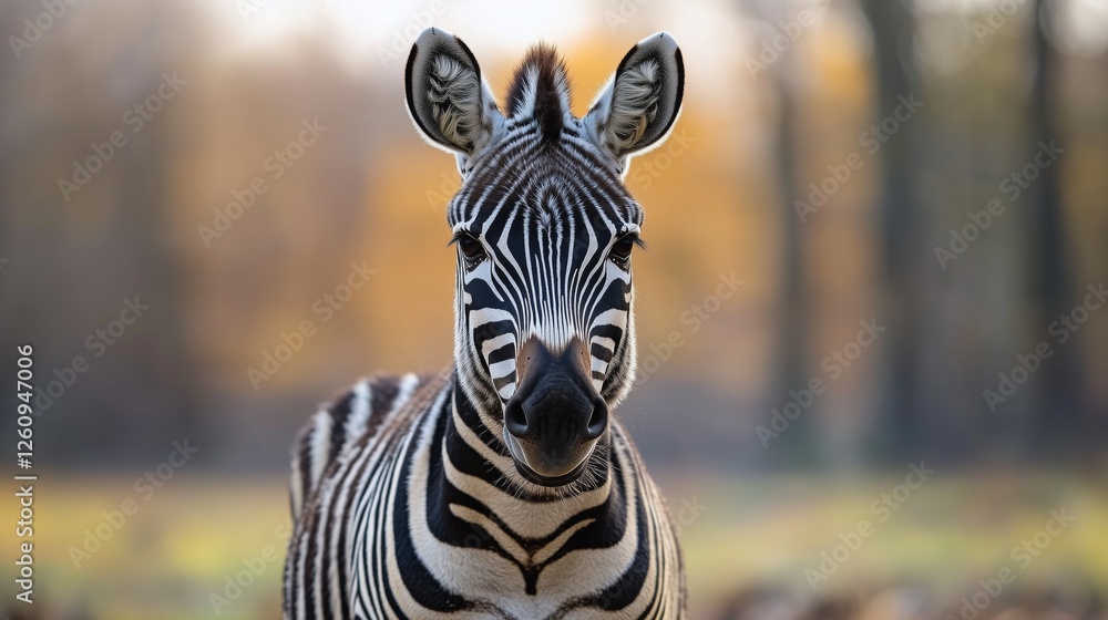 Naklejka premium Zebra stands calmly in the sunlit savanna during a serene autumn day