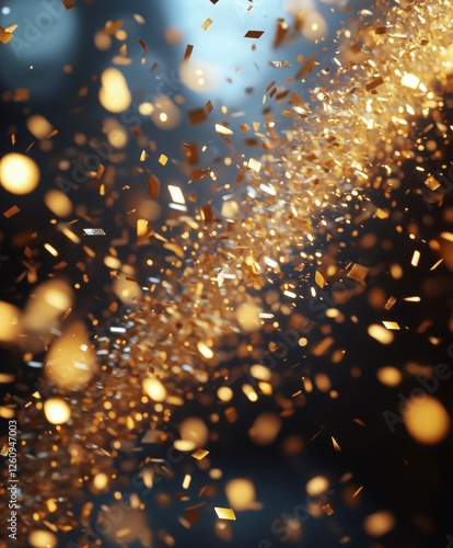 Shimmering golden confetti particles swirling in soft light during a celebrat...