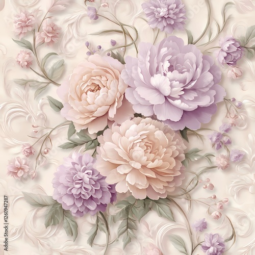 Wallpaper Mural A charming floral pattern with pastel-colored blooms like roses, peonies, and chrysanthemums in shades of pink, lavender, and peach, accented with green leaves and swirling vines.

 Torontodigital.ca