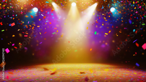 Glowing stage spotlight with vibrant  rainbow falling confetti creating a festive and celebratory atmosphere, perfect for award ceremonies, event promotions, party invitations