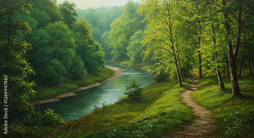 A serene forest landscape with a winding river and a sunlit dirt path, surrounded by lush green trees and wildflowers, creating a peaceful and calming atmosphere.