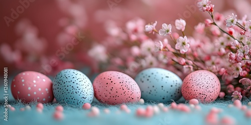 Colorful Easter eggs arranged with pink blossoms on a light blue background f...
