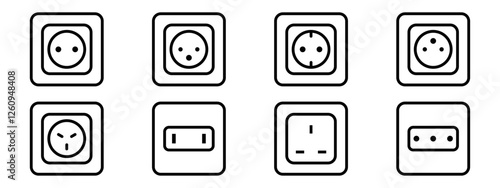 A collection of black outline electrical socket icons showing various plug types used worldwide for power connections.