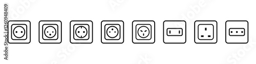 A collection of black outline electrical socket icons showing various plug types used worldwide for power connections.