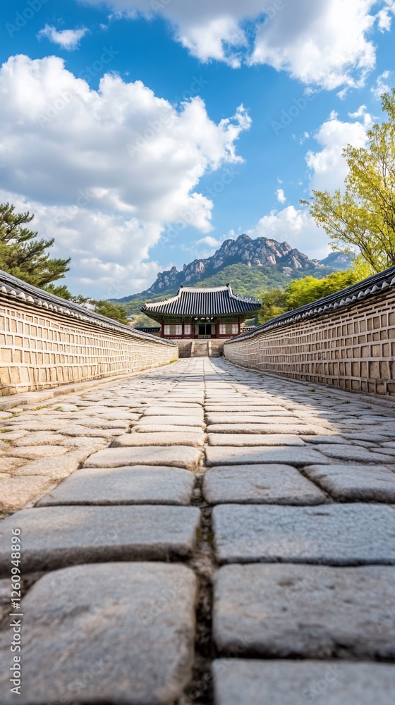 Stone path to temple, mountain backdrop, clear sky Stone path to temple, mountain backdrop, clear sky