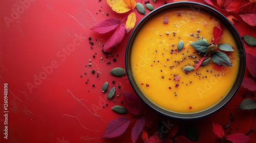 Warm golden pumpkin soup served in a black bowl with colorful autumn leaves a...