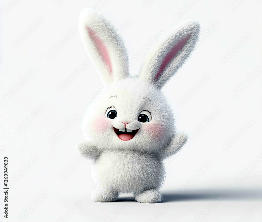 Obraz premium 3d Bunny Animation Cartoon Cute Smiling Fluffy Ears White Background Copy Space Happy Easter Greeting Card