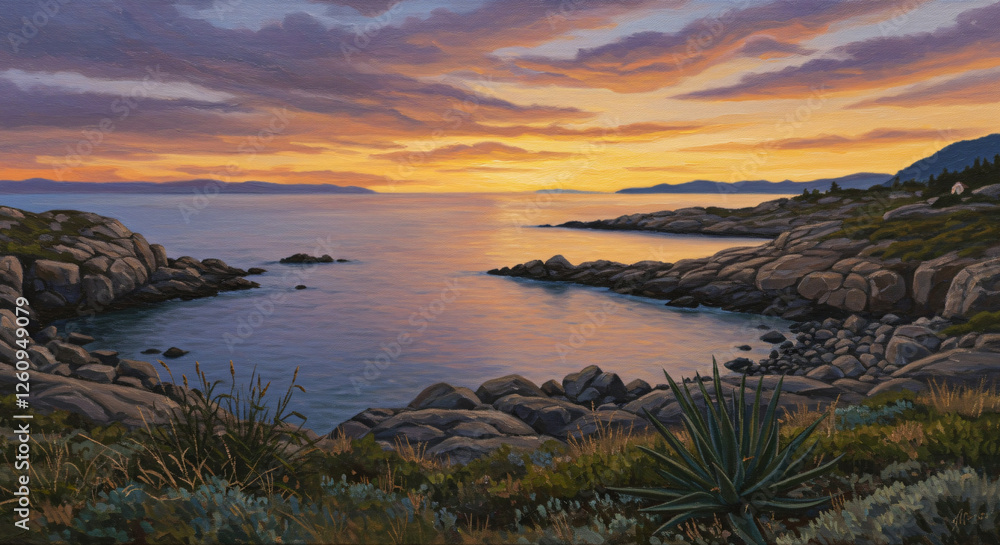 A breathtaking coastal sunset over a rocky shoreline, with golden light reflecting on calm waters, distant islands, and lush vegetation framing the tranquil seascape. A breathtaking coastal sunset over a rocky shoreline, with golden light reflecting on calm waters, distant islands, and lush vegetation framing the tranquil seascape.