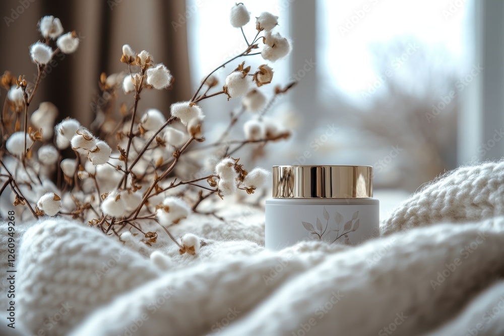 Soft white blanket creates a cozy setting for a minimalist perfume bottle surrounded by delicate cotton branches at afternoon light Soft white blanket creates a cozy setting for a minimalist perfume bottle surrounded by delicate cotton branches at afternoon light