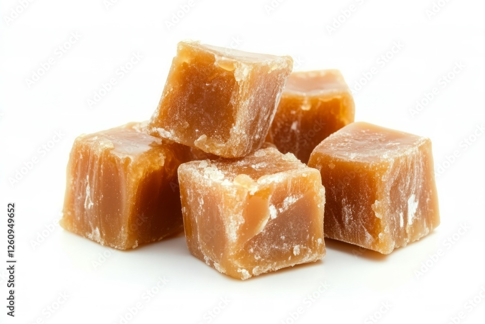 Caramel candy cubes on solid white background. Neural network AI generated Caramel candy cubes on solid white background. Neural network AI generated
