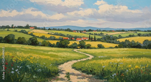 Wallpaper Mural A winding dirt path leads through rolling green fields and vibrant wildflowers towards a charming village with red-roofed houses, set against distant blue hills under a partly cloudy sky. Torontodigital.ca